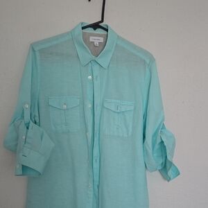 Calvin Klein Men’s Button Down Shirt M Aqua Roll Tab Sleeves Lightweight